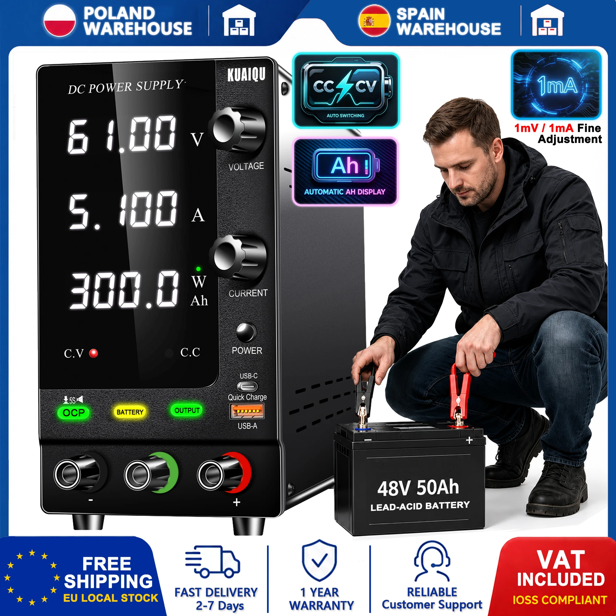 KUAIQU Einstellbares Gleichstromnetzteil zum Laden von Batterien, 12V 24V 30V 48V 60V 72V 120V Tischnetzteil zum Laden der Batterien von Auto/Motorrad/Wohnmobil/Wohnwagen, Laborstromversorgung zum
