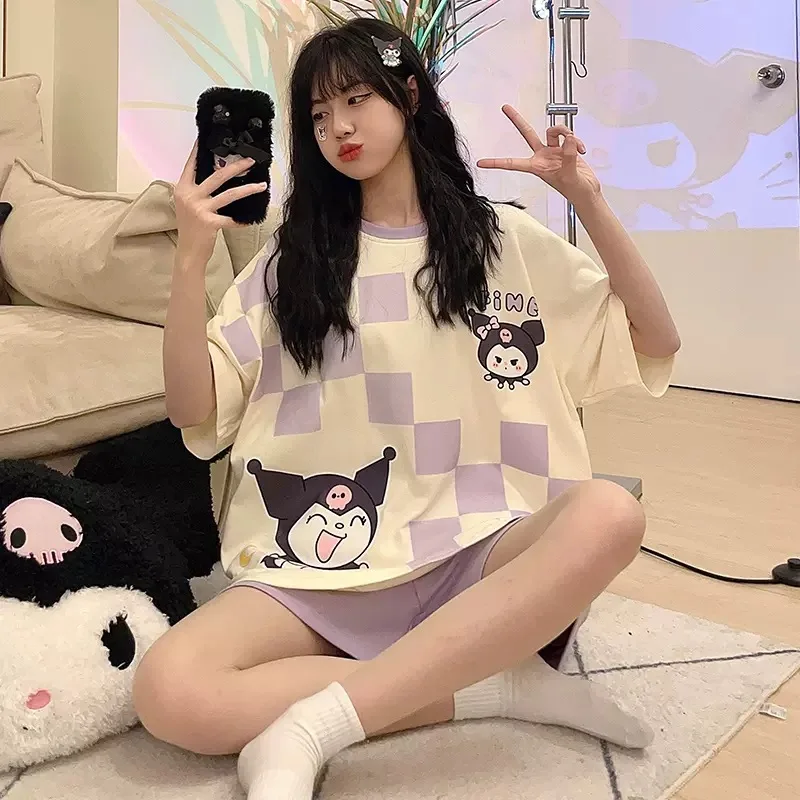 Kawaii Sanrio Anime Cinnamoroll Kuromi Pajamas Summer Simple Fashion Delicate Cute Casual Loose Comfortable Soft Girly Set Gift