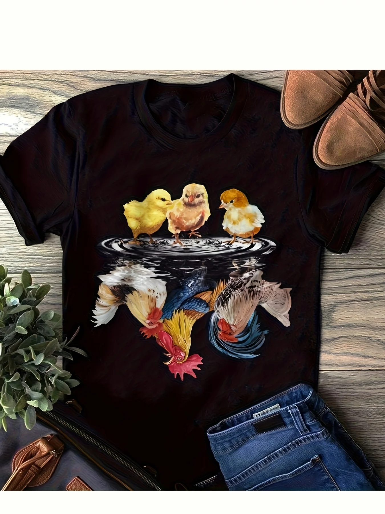 Plus Size Chicken Graphic T Shirt Vibrant Colorful Design, Casual Crew Neck Short Sleeve, Soft Stretch Fabric, Perfect Gift for Chicken Lovers, Chicken Tshirt Same Style for Men And Women 2025 Summer Short-Sleeved Printed T-Shirt Pure 220G