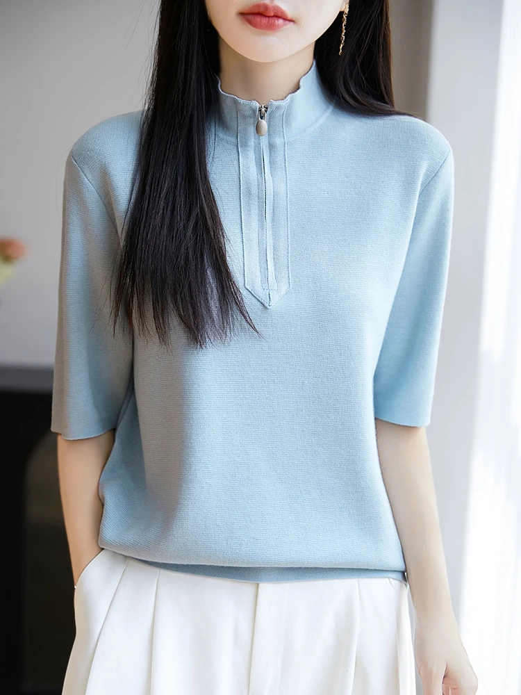 

2025 New Summer Short Sleeve Zipper Half Collar Solid Color T-Shirt Women' High Grade T-Shirt Fashion Comfortable LeisureT-Shirt