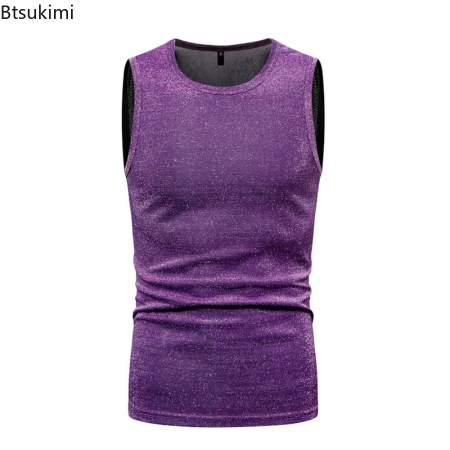 Summer New Men's Fashion Sparkling Casual Vest O-neck Sleeveless Gold Stamping T-shirts Retro 70s Disco Nightclub Tank Tops Male