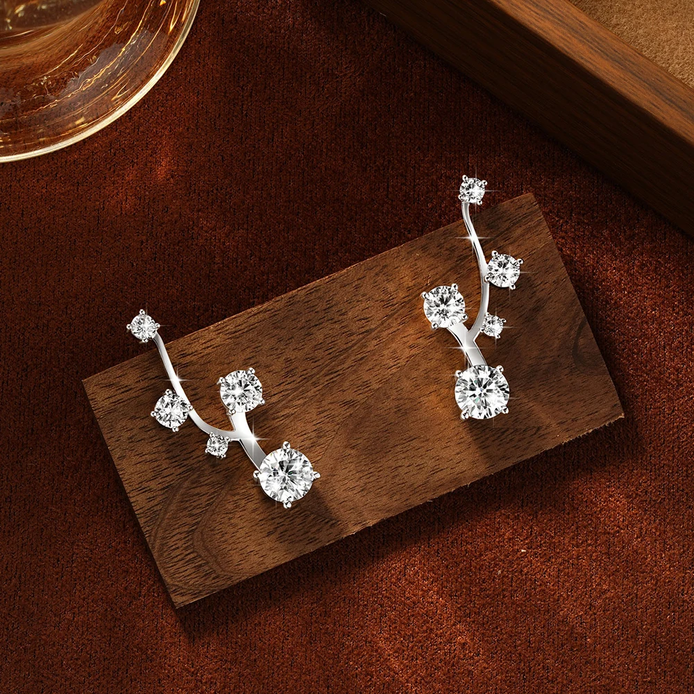 Rrjzz 6.5MM 1CT D-Color Moissanite Climber Stud Earrings GRA Hypoallergenic 5 Stones Two Styles Earring for Women Jewelry Gift