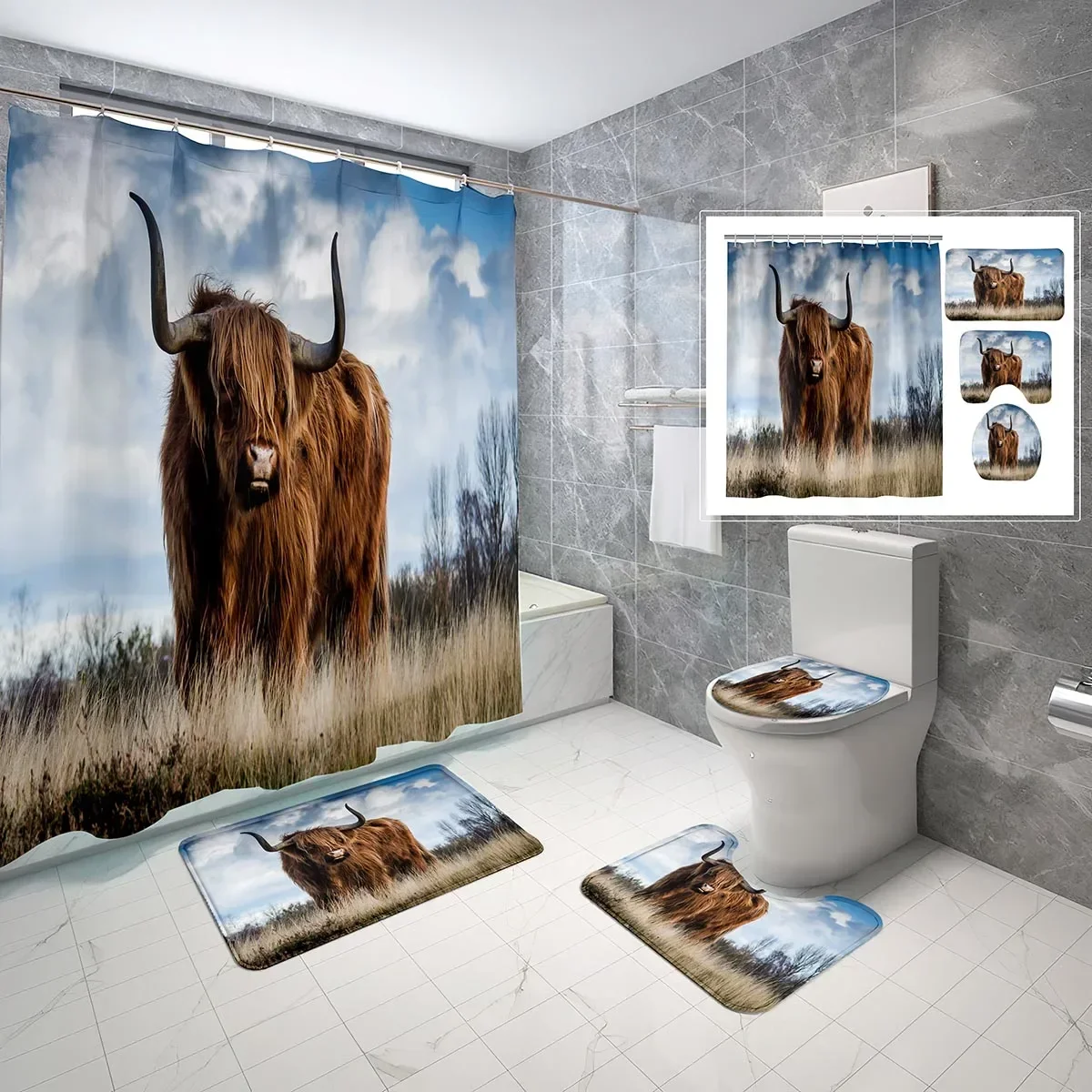 

4-х шт. Наборы занавесок для душа Highland Cow с крышкой унитаза и нескользящим ковриком для ванной, водонепроницаемый набор занавесок для душа с изображением шотландии и животных