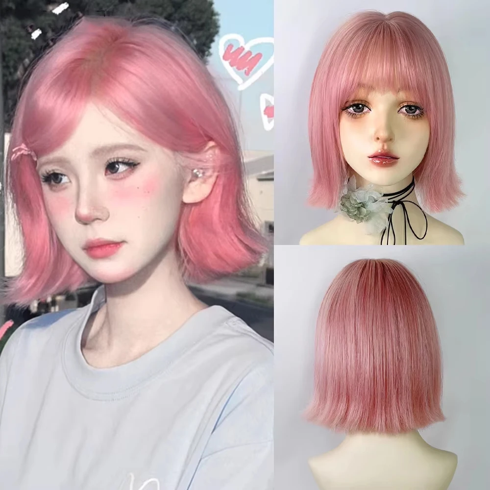 

Синтетический короткий прямой розовый пушистый парик Боб с челкой для женщин, парик Лолиты для косплея на Хэллоуин для повседневной праздничной одежды