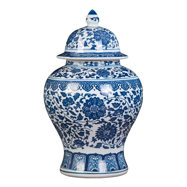 Chinese Blue and White Ceramic Ginger Jar with Lid, Temple Jars for Tabletop Decoration Flower, Oriental Home Decor, Porcelain