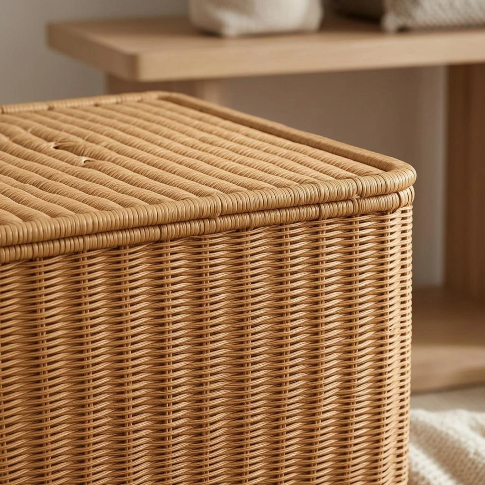 

Rattan Storage Chest Textured Surface Rattan Storage Trunk Household Organizer Rounded Edges Light Brown