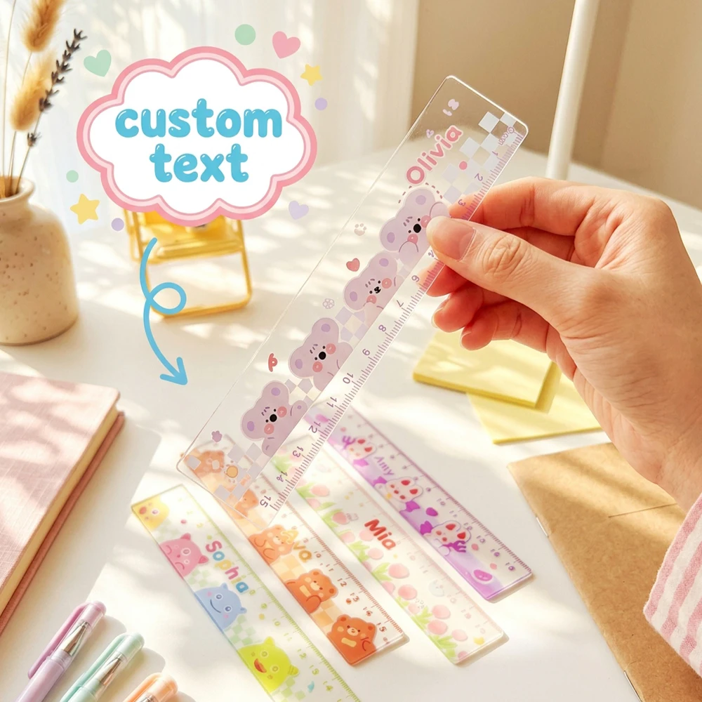 Custom Name Acrylic Straight Ruler,Personalized Measuring Tool,Cute Cartoon Animal Print,Drawing,Stationery,Back To School Gift
