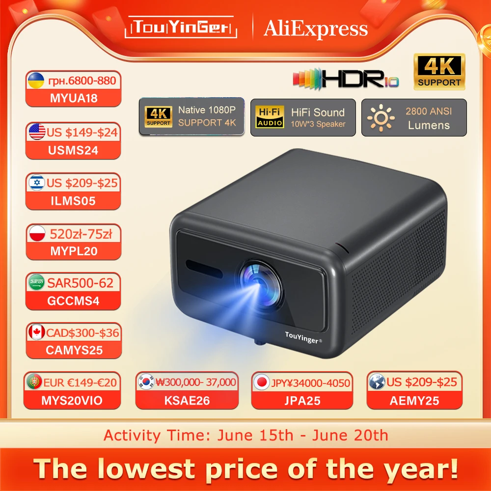 Touyinger Q12W PRO Full HD 1080P proyector 4K 2800 ANSI Android 12 proyector de haz de cine para vídeo de conferencia de educación en el hogar