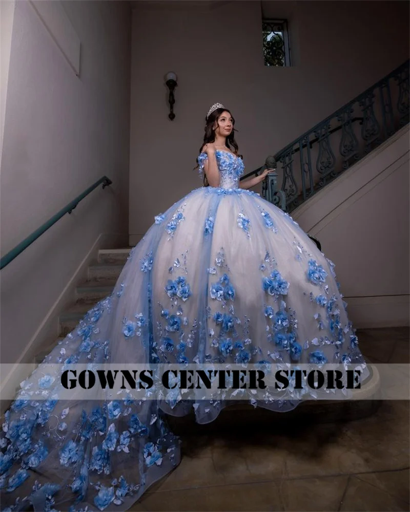 Błękitna sukienka na quinceanerę 2024 księżniczka słodka 15 lat dziewczyna sukienki na przyjęcie urodzinowe aplikacje Vestidos De Quinceañera