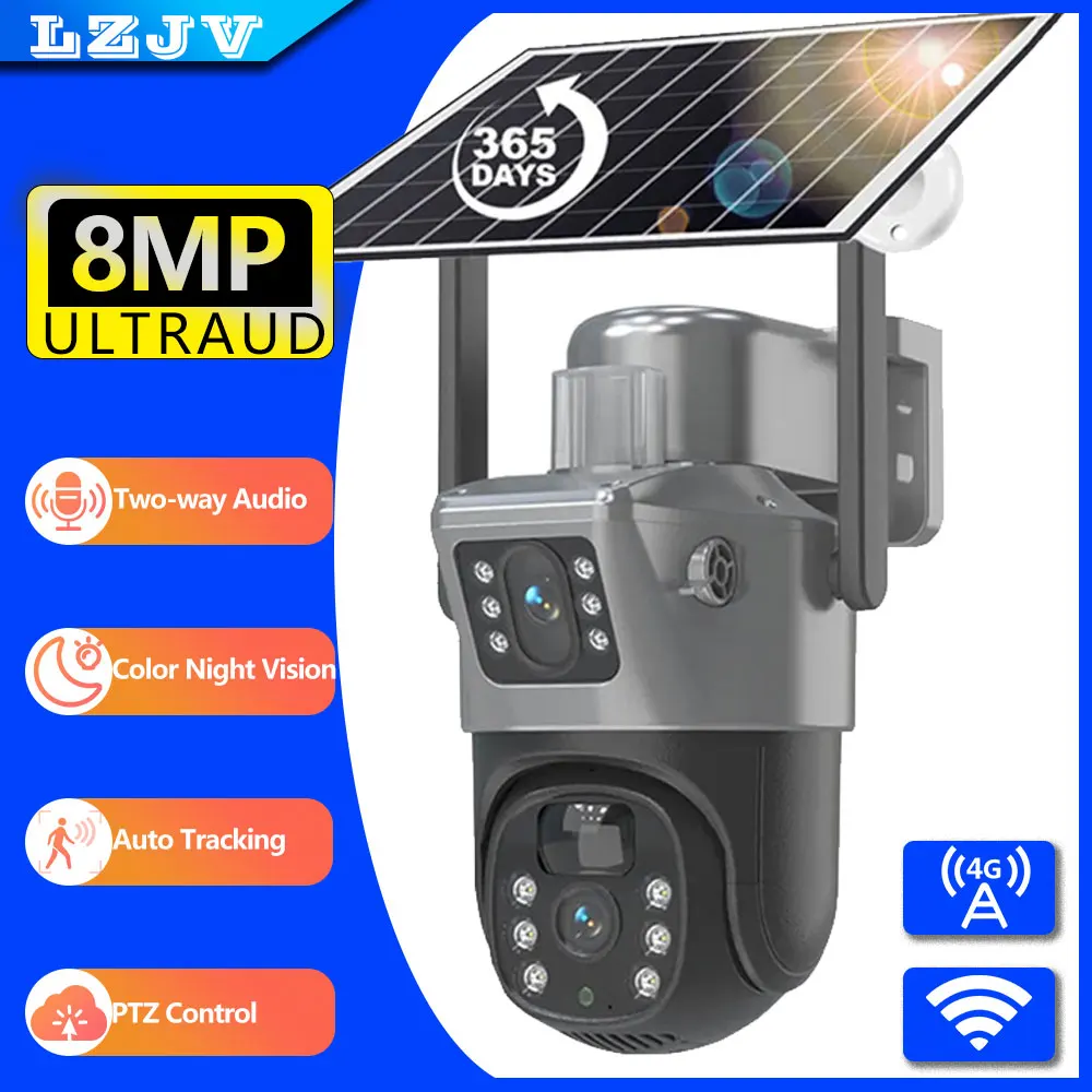 

LZJV 4K 8MP UHD Wireless Solar Camera Dual Lens Dual Screen WiFi/4G IP Cam External Security-Protection PTZ Video Surveillance