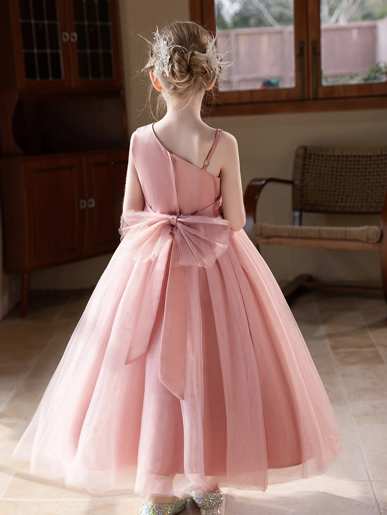 Elegant Pink One Shoulder Sheer Dress For Teenage Girls Suitable For Birthday Parties Weddings And Vacations