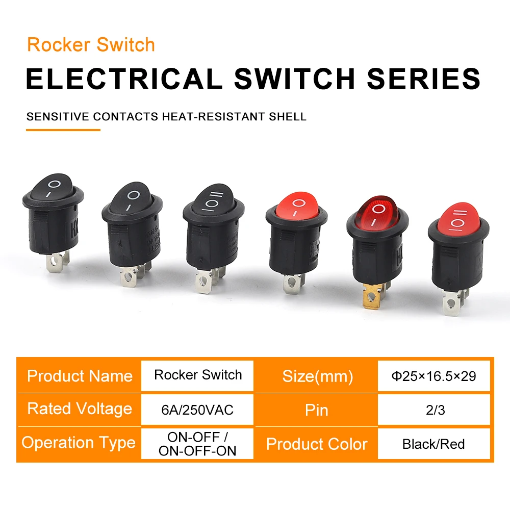 5/10PCS Red Black 25X16.5mm Mini Round Boat Rocker Switch 2/3 Pin 6A/250VAC ON-OFF ON-OFF-ON Power Button Switches With Light