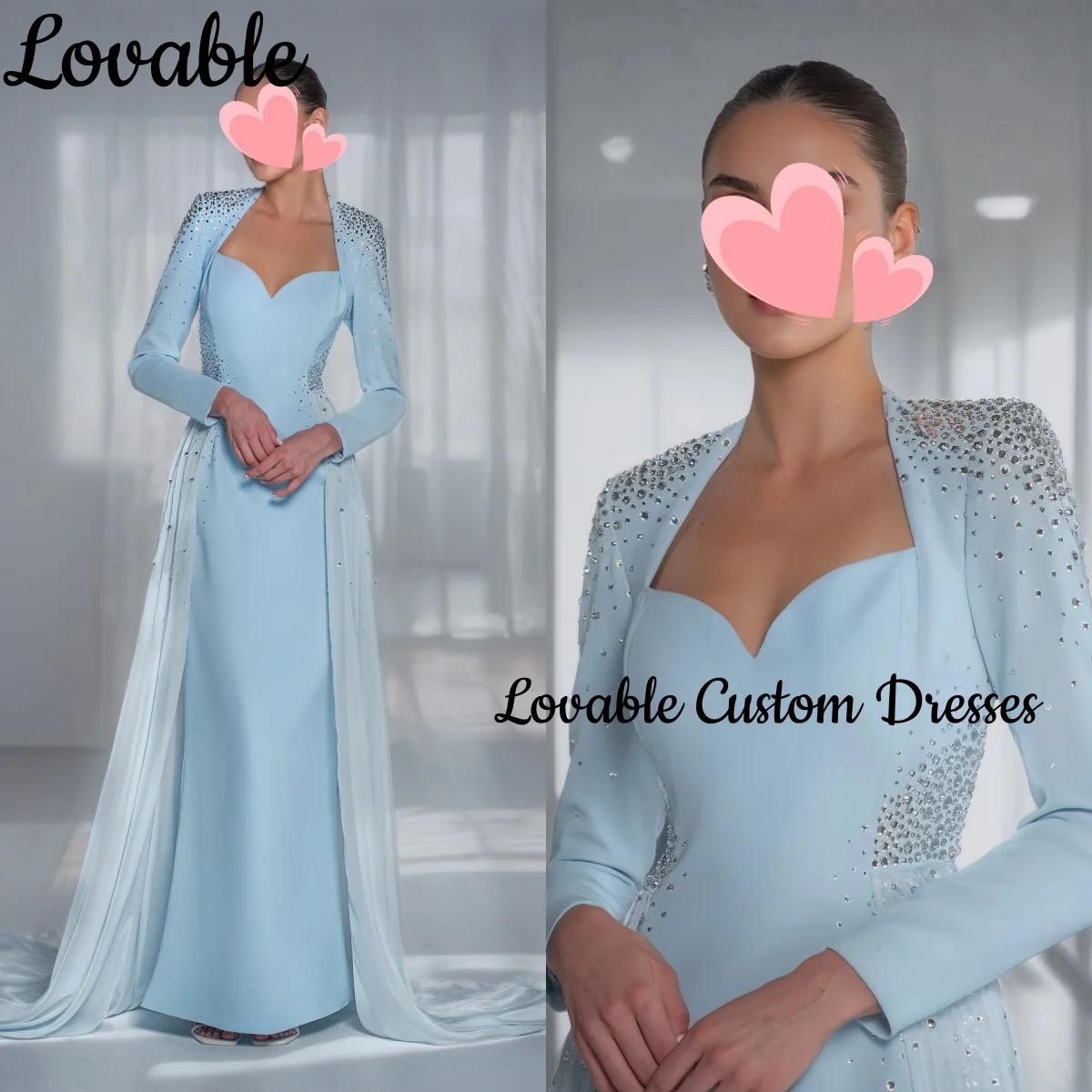 

Wedding Party Dress Customize A-Line Square Neckline Floor-Length Luxury Evening Dresses Beadings Zipper Up Long Sleeves Dresses