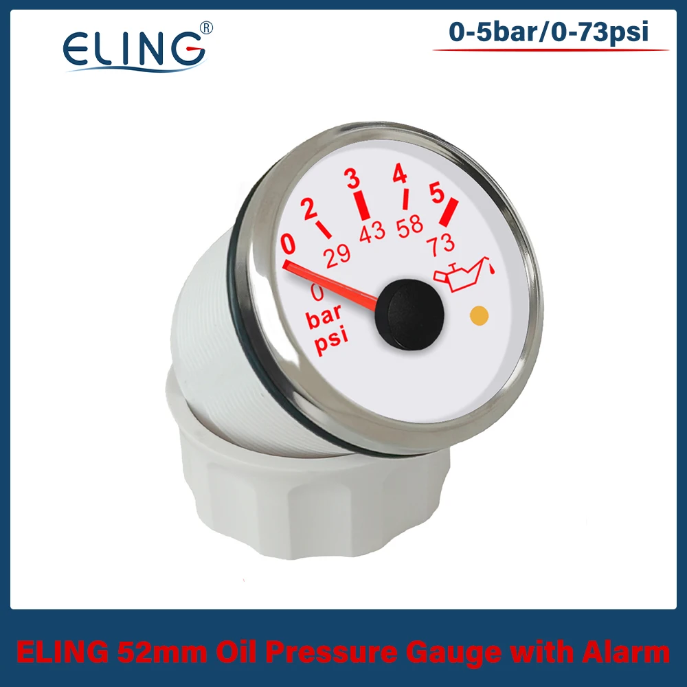 

ELING Car 52mm Oil Pressure Gauge Meter 0-5Bar 0-73psi 0-10Bar 0-145PSI with Red Backlight and Light Alarm for Ships Motorcycle