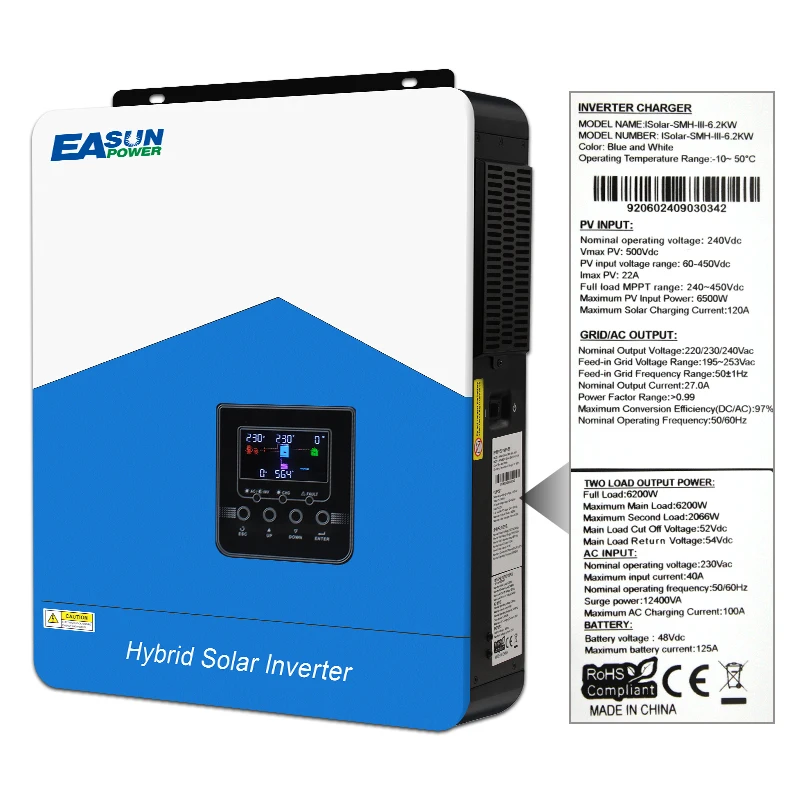 Easun NEW 6.2KW 4.2KW solar inverter 48vDC 24VDC hybrid mppt 6200W pure sine wave hybrid charge controller 120A off grid On Grid