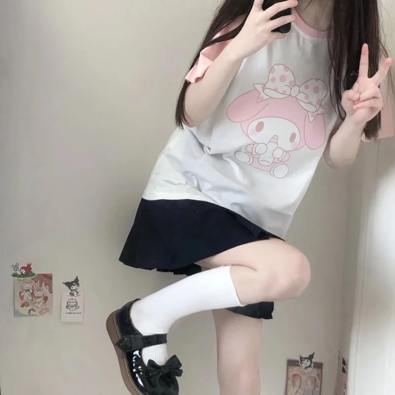 Sanrio Japanese Cute Kawaii Short Sleeved T-shirt My Melody Print Student Mixed Color Soft Girl Y2k Top 2000s Girl Preppy Style