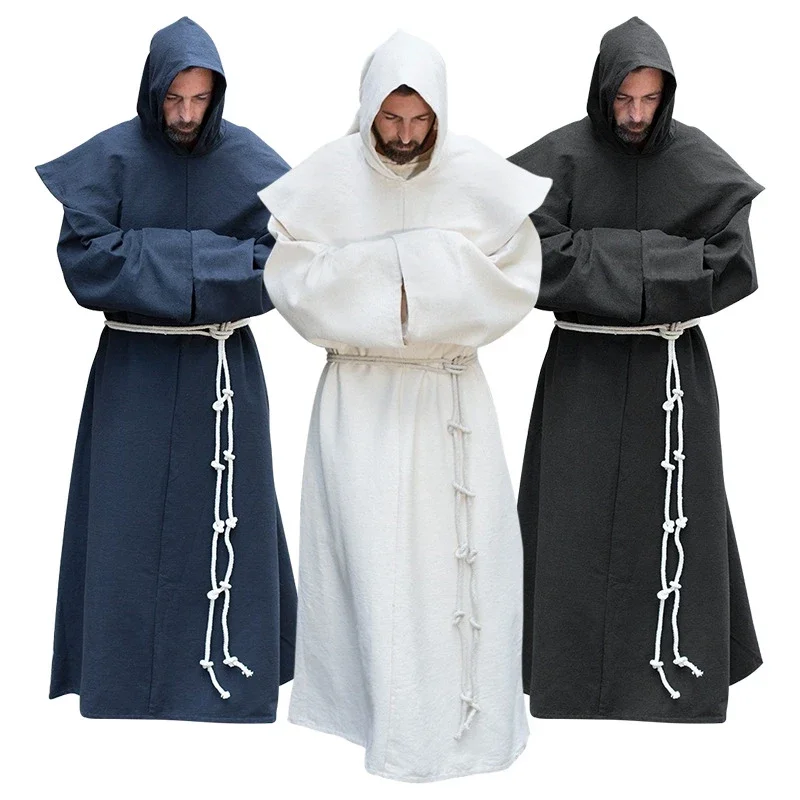 S-5XL Renaissance Monk Clergy Habit Scapular Friar Costume Religious Saint Gown Robe Men Priest Hood Cowl Halloween Outfit