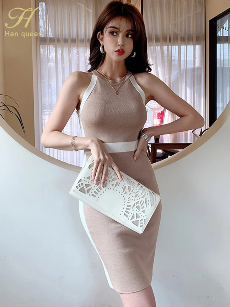 H Han Queen Summer Off The Shoulder Pencil Dress Women Sleeveless Elastic Knitted Sheath Dresses Elegant OL Work Vestidos New