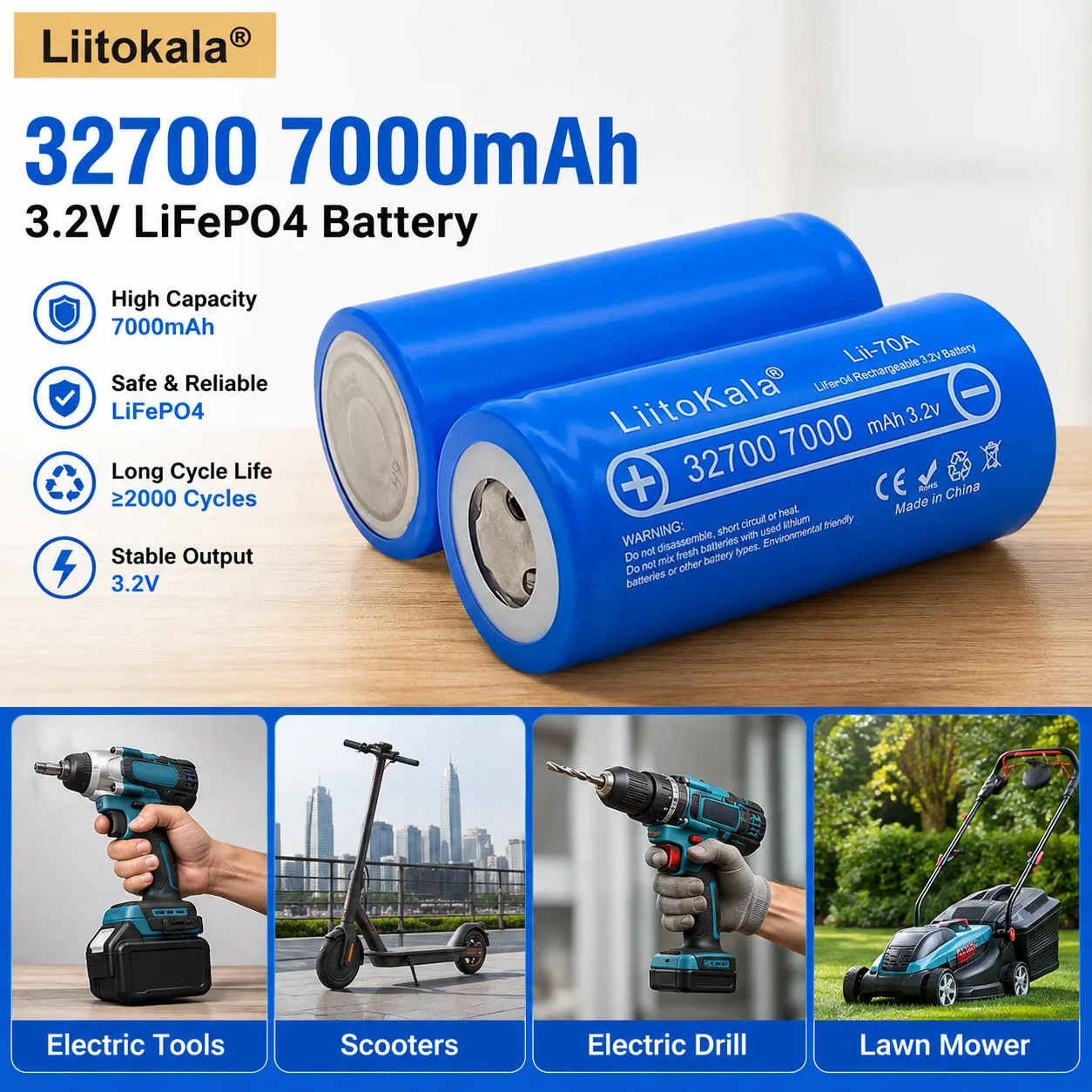3.2V 32700 7000mAh LiFePO4 Rechargeable Battery High Power Cell for Electric Tools Scooter E-Bike Drill Lawn Mower