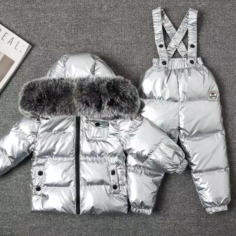 New Winter 2024 Kids Boutique Clothing 2 Pieces Sets Down Jacket Suspender Trousers Big Fur Collar Warm Soft Unisex Ski Suit