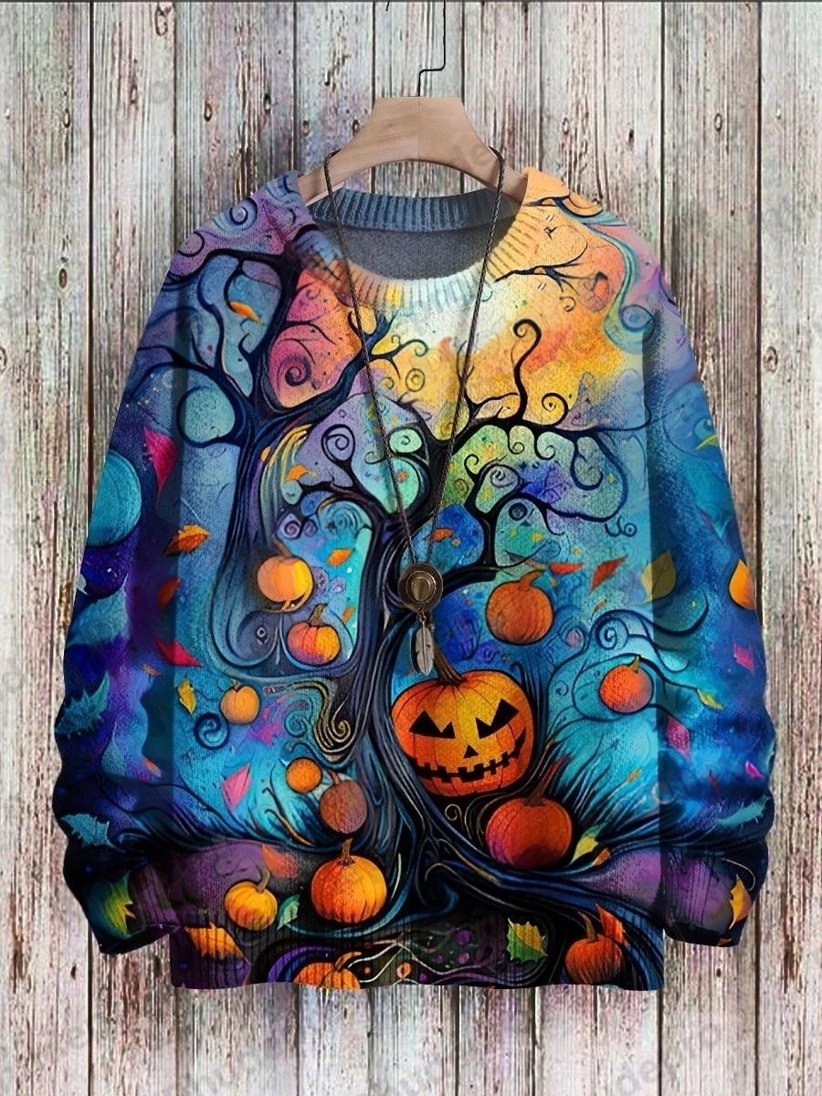 Retro Owl Art Pattern & Halloween Pumpkin 3D Printed Men's Knitted Pullover Winter Unisex Casual Knit Pullover Sweater