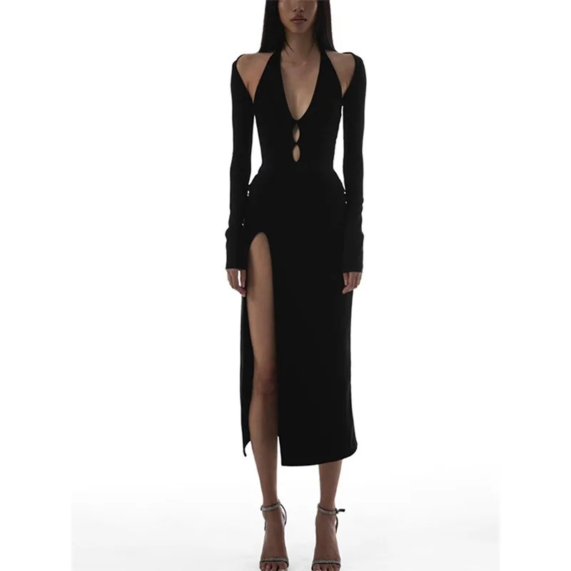 

Women's Black V-neck Long Sleeve Halter Knitted Dress Temperament Commuting Sexy Spicy Girl Off Shoulder Slit Hip Wrap Dresses