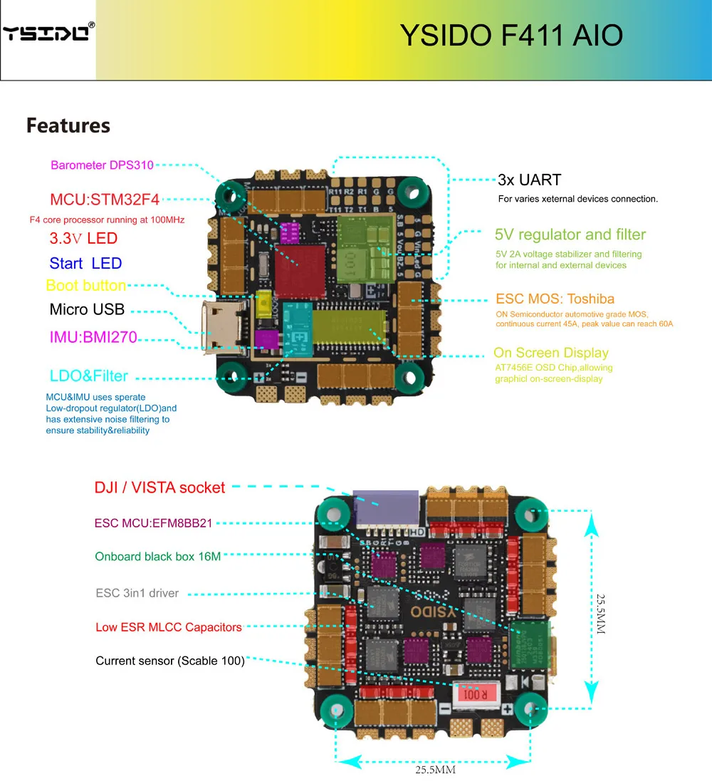 YSIDO 2-6S F411 Kontroler lotu AIO BMI 270 BLHELI_S 35A 45A ESC OSD Barometr Czujnik prądu dla RC Mark4 5-calowy dron FPV