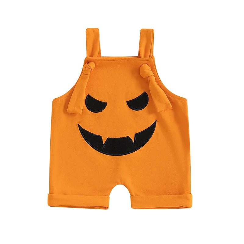 Baby Boys Girls Halloween Overalls Sleeveless Square Neck Pumpkin Ghost Face Embroidery Rompers Newborn Jumpsuits