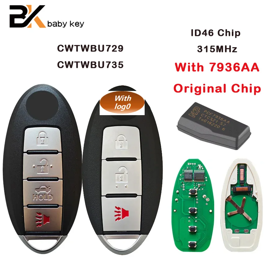 

BBkey CWTWBU729 CWTWBU735 for Nissan Tiida Teana Altima Maxima Armada Xtrail Pathfinder Rogue Versa juke ID46 Chip 315MHz