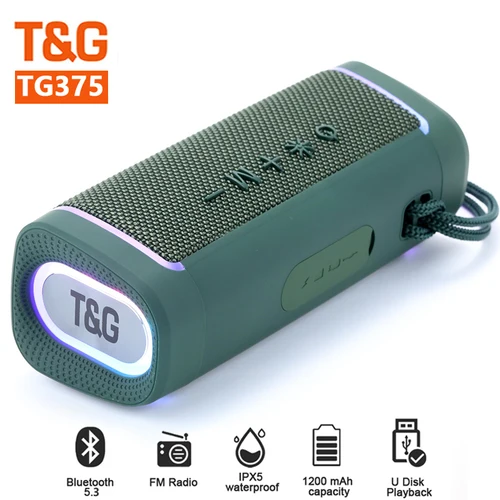 TG375 20W 전원 블루투스 스피커, 무선 듀얼 스피커 TFcard 야외 서브 우퍼 RGB 컬러풀 조명 FM 라디오