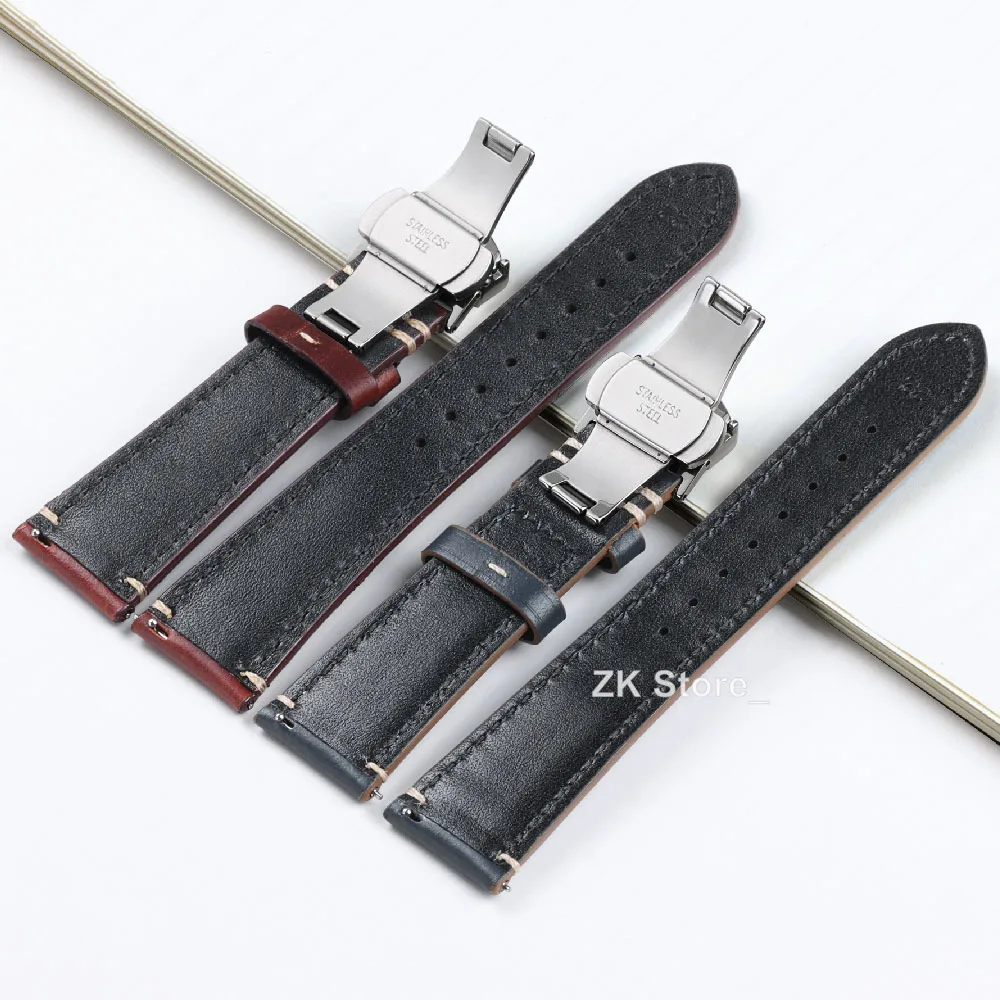 Smooth Genuine Calfskin Leather Watchband 20mm 22mm 24mm Watch Straps with Solid Automatic Butterfly Buckle Business Watch Band