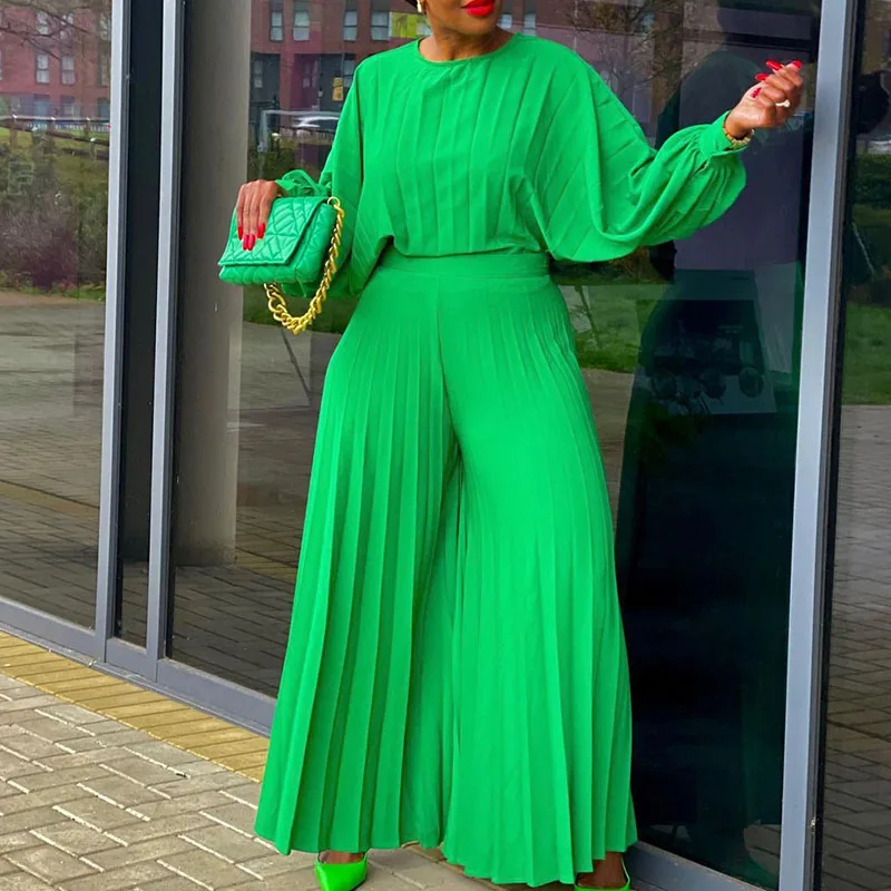 

Solid Loose Casual Ruched Pant Sets Women 2 Piece Outfit Set Lantern Sleeve O-neck Top and Wide Leg Pants Matching Sets Clubwear