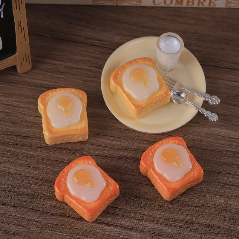 3pcs Mini Fried Egg Toast Bread Dollhouse Miniature Fake Food Breakfast Model DIY Handmade Resin Craft Decoration Accessory
