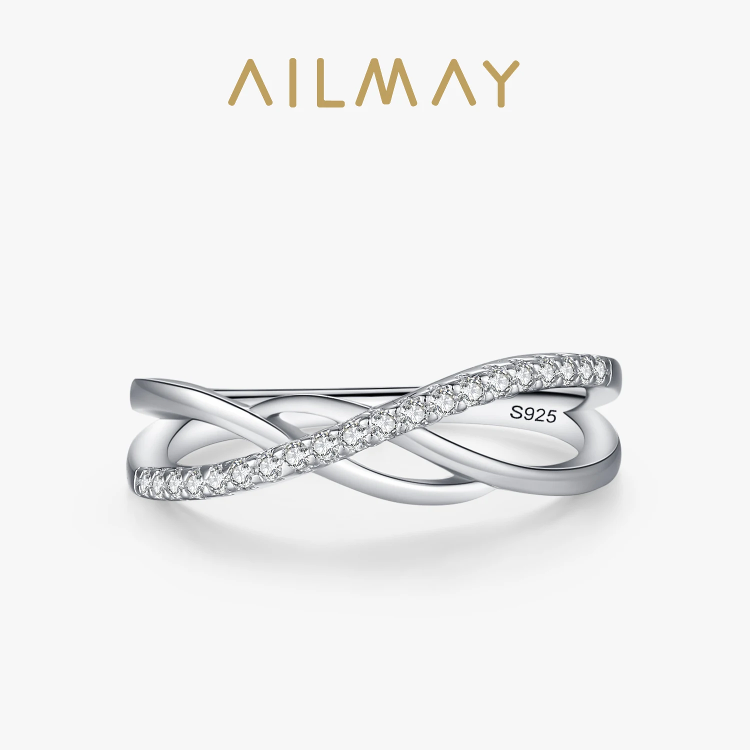 Ailmay 925 Sterling Silver Fashion Cross Line Geometric Zirconia Rings For Women Personality Original Design Party Fine Jewelry