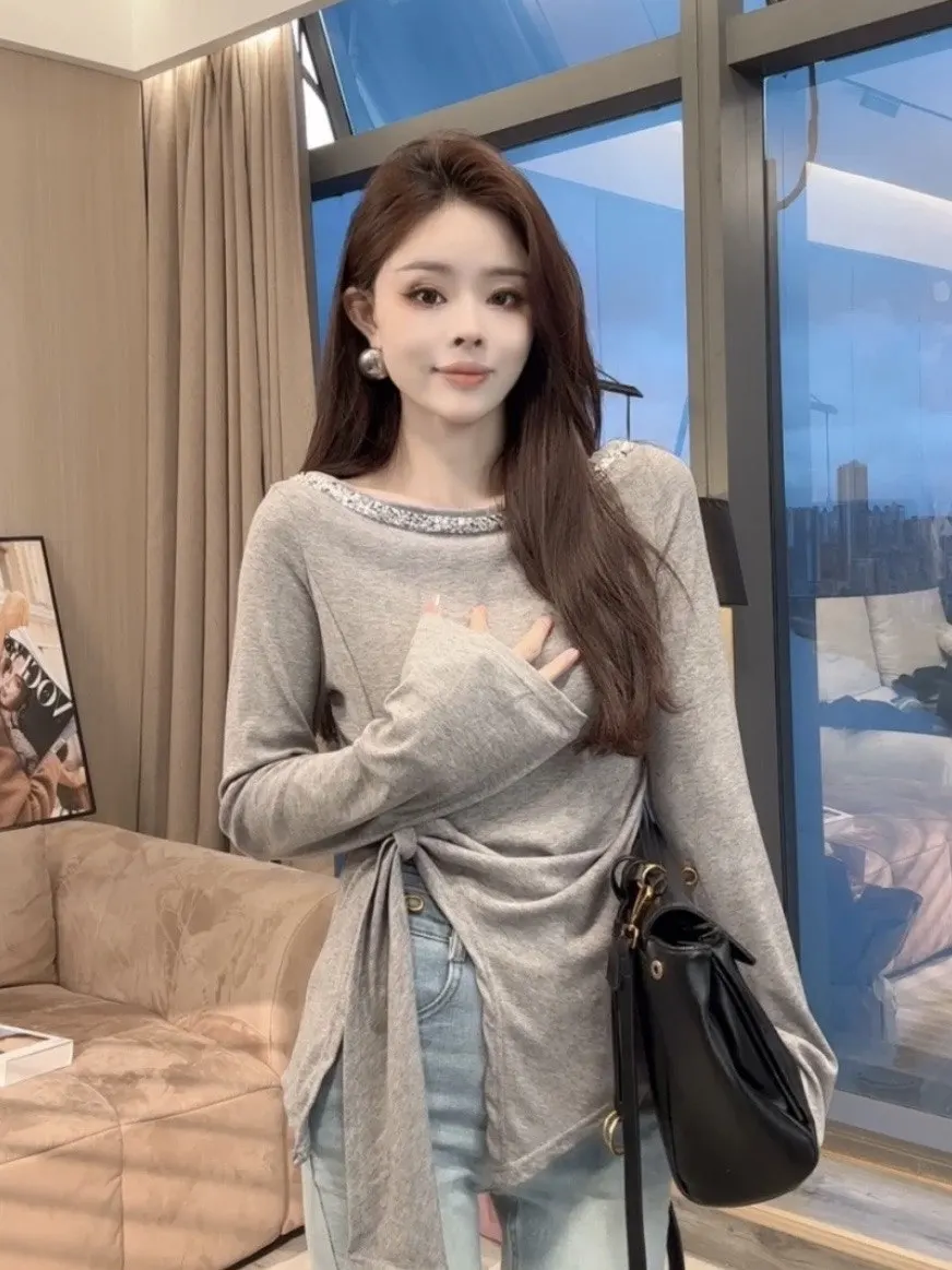 Pure Desire Sle Long Sve T-irt Women's Slim Fit Knot Design Spring Early Sexy Top Trendy Commute Sle Korean Version