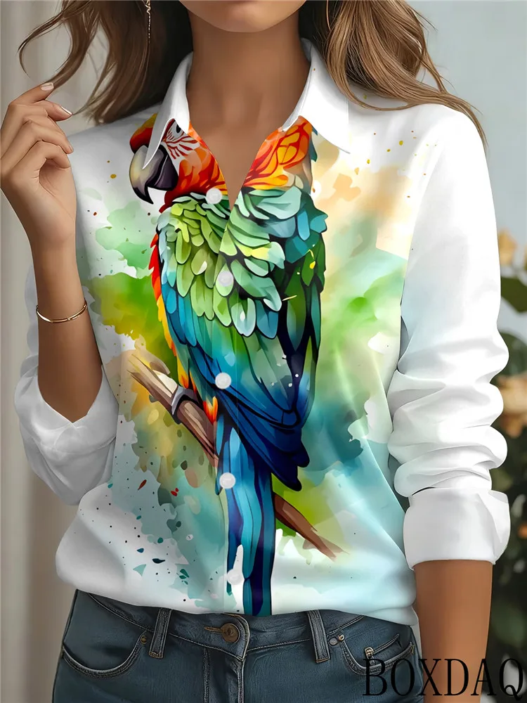 Women's Autumn Long Sleeve Lapel Shirts Fashion Animals Print Blouse Loose Relaxed Comfortable Elegant Commuter Blouses Tops