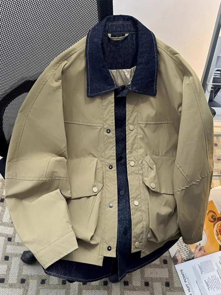 Men Denim Collar Pacthwork Cargo Jacket Spring Autumn Stitch Casual Coat Trendy Oversized Fashion Loose Lapel Outerwear Top