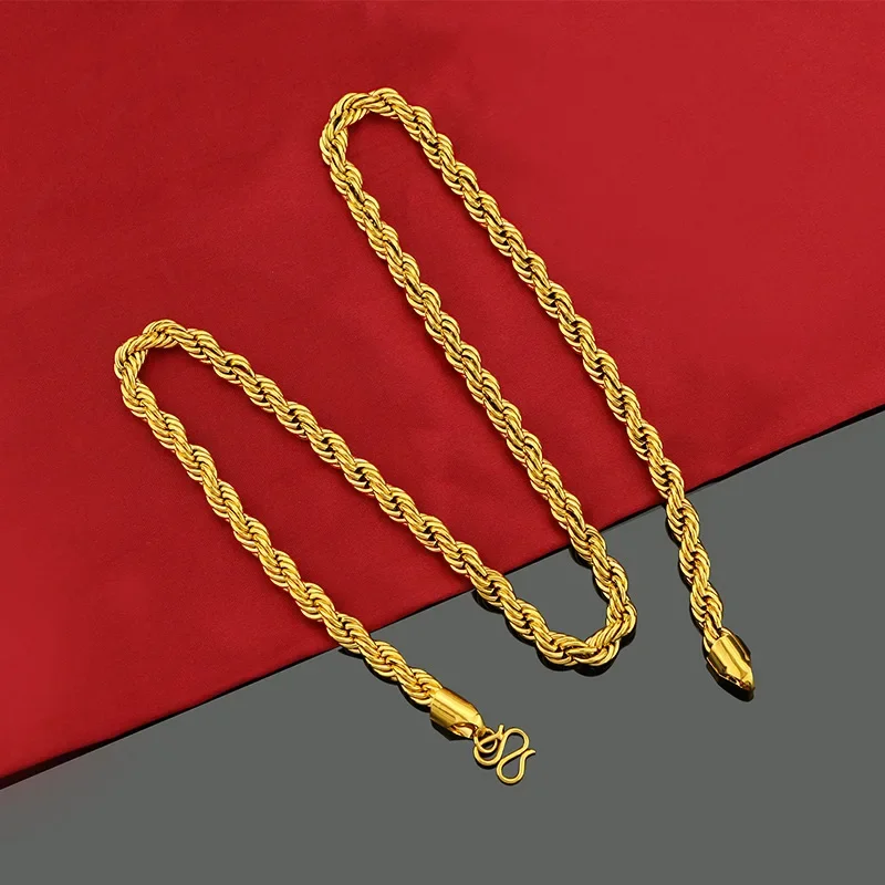 Gold 999 real gold necklace for men and women, pure gold 24K hemp rope necklace, fortune-bringing boss necklace