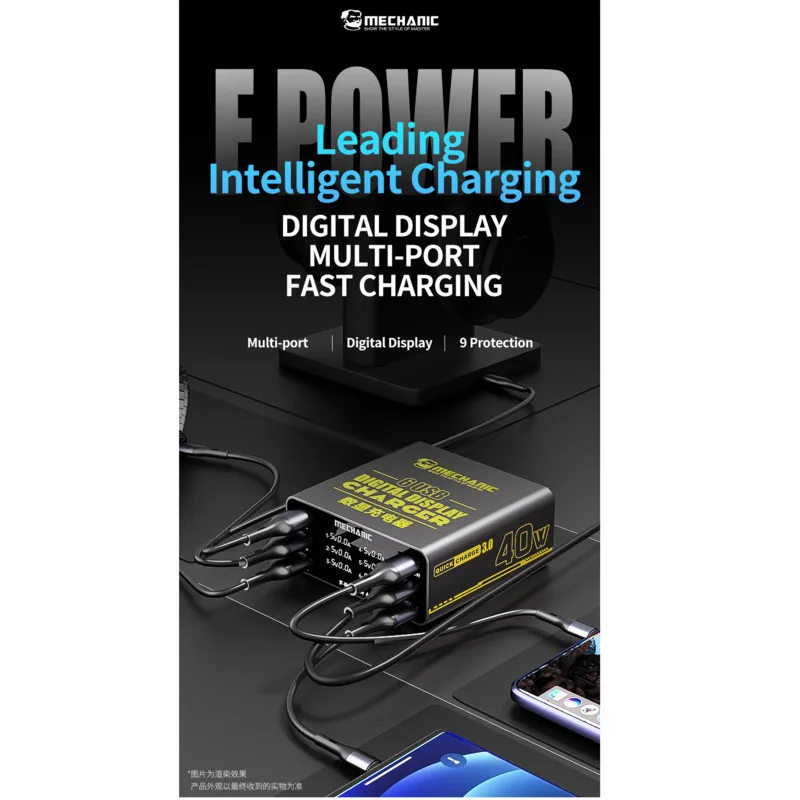 MECHANIC F-Power 6 Charger With Digital Display, Multi-Port Fast Charging Station For Cell Phones, Tablets And Laptops