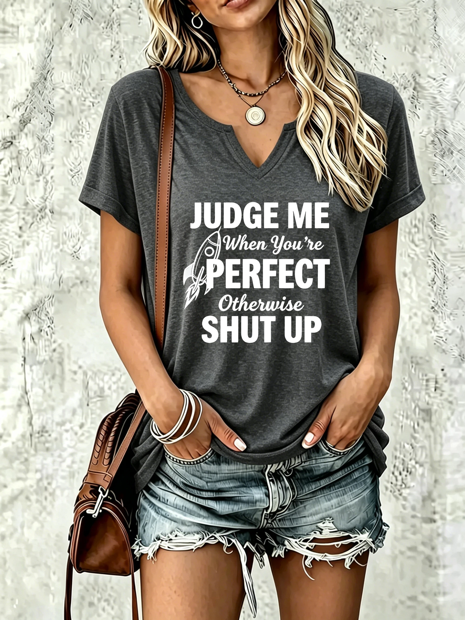 Women's V Neck Short Sleeve T-Shirt, Judge Me When You're Perfect Slogan Rocket Graphic Tee, Casual Wear Summer Tops For Women,