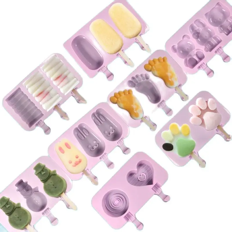 Silicone Ice Cream Mold Popsicle Siamese Molds with Lid DIY Homemade Ice Lolly Mold Cartoon Animals Image Handmade Kitchen Tools