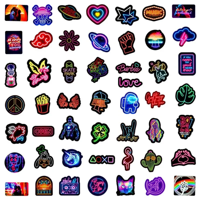 10/50/100Pcs Neon Light Sticker Anime Fluorescent Cute Graffiti Stickers Skateboard Laptop Guitar Luggage Phone Waterproof Decal