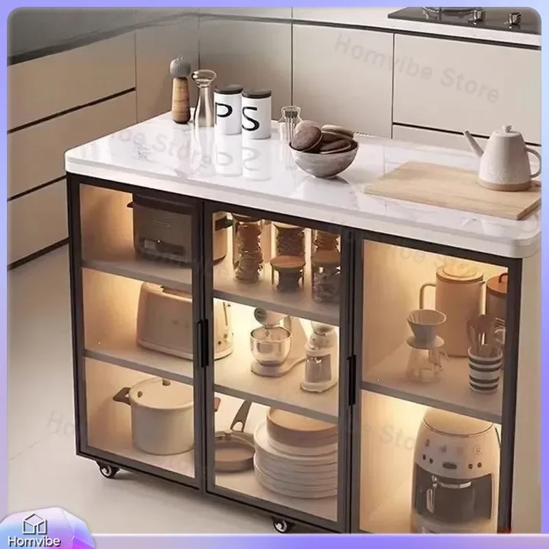 Modern Kitchen Island with Storage Cabinet Movable Rolling Cart Side Table with Slate Cutting Board Shelf Organizer for Home