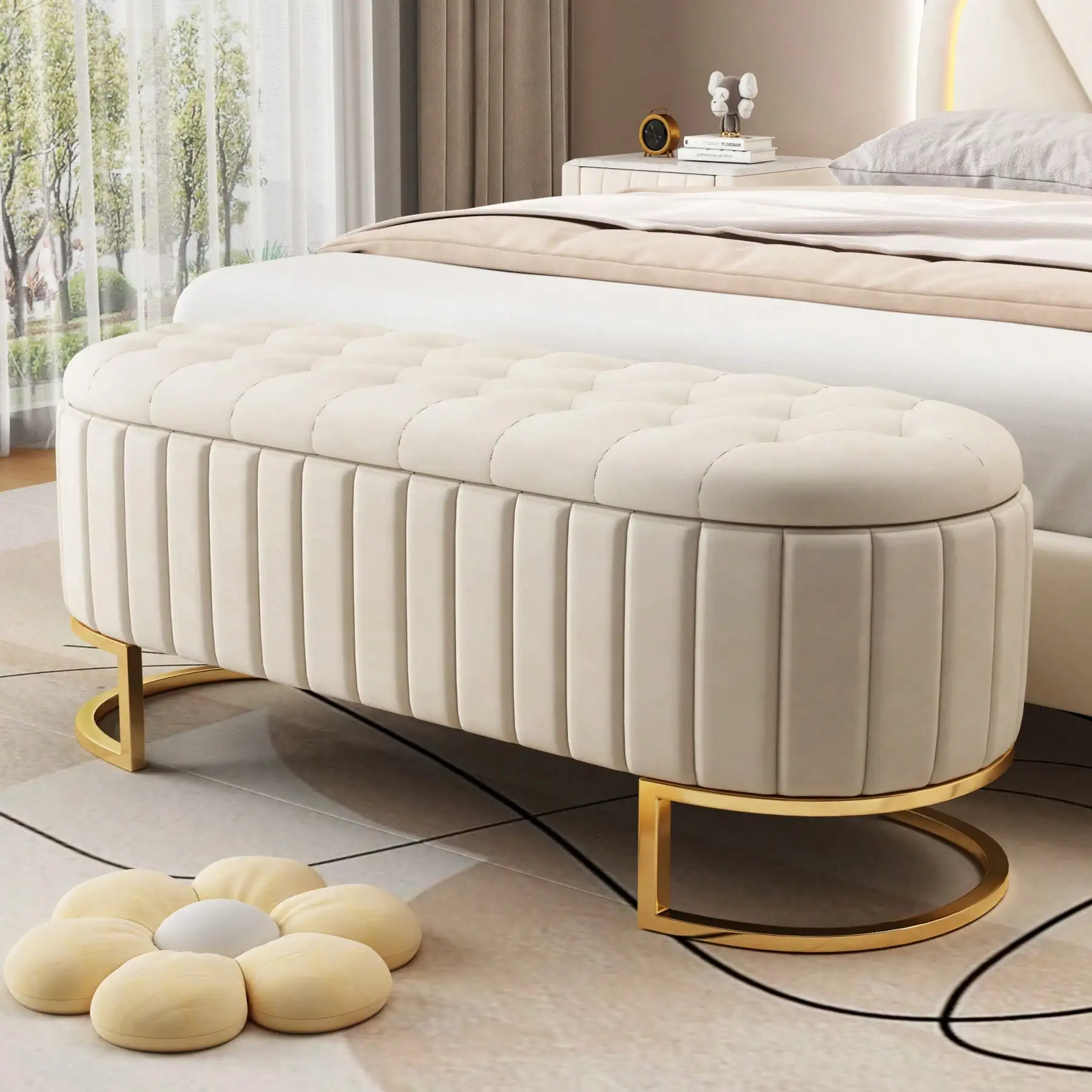 MERAX Elegant Upholstered Velvet Storage Ottoman With Button-Tufted, Storage Bench With Metal Legs For Bedroom, Living Room, Fully Assembled Except Legs Back To School Dormitory Storage