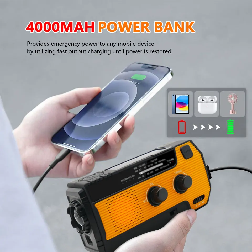 2000m/4000Ah Emergency Radio with LED Lights Radio USB Solar Charging Light Outdoor Travel Portable Rechargeable FM/AM Radio