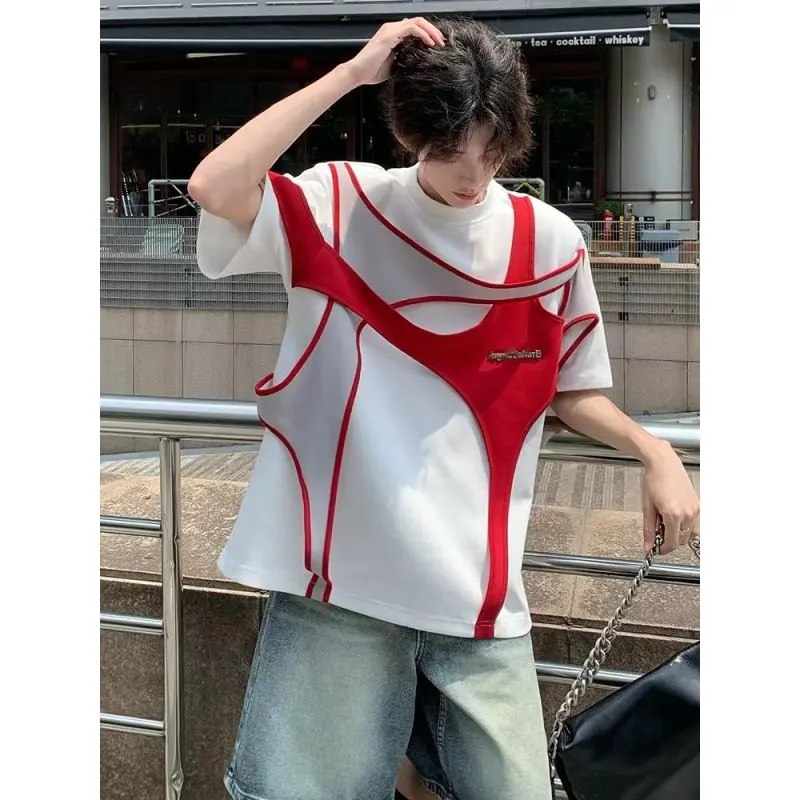 

Летняя мужская футболка с коротким рукавом и вставками, с эффектом объемной ткани, приятная на ощупь, красно-белая, в стиле пэчворк