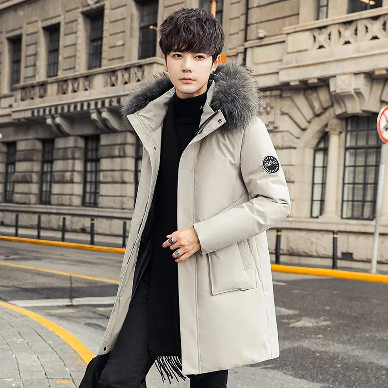 Men's hooded down jacket mid-length white duck fashionable thick warm youth men's winter coat