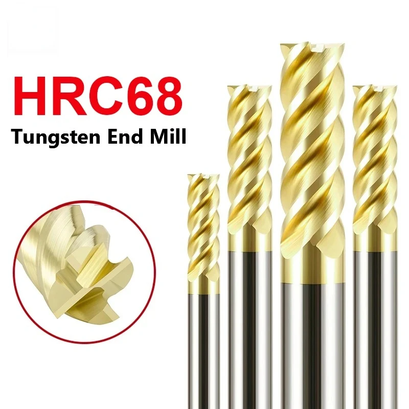 HRC68 Carbide End Mill 1 2 4 5 6 8 10 12 4Flutes Milling Cutter Tungsten Cutting Tool CNC Metal Steel Key Face Square Router Bit