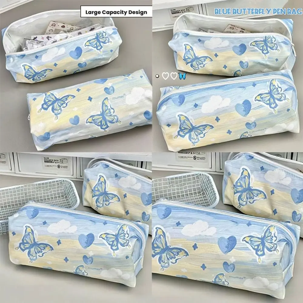 Multi-functional Canvas Pen Bag Oil Painting Series Large Capacity Pencil Case Blue Butterfly Stationery Bag Gift