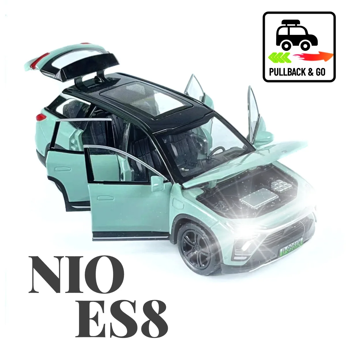 NIO ES8 Skala 1:32 Zabawka samochodowa Pullback ze światłami Dźwięk silnika, Lamborghini VW Metal Diecast Model samochodu Prezent Kid Boy Toy